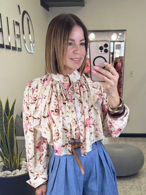 Ivory-Pink Flower Detail Blouse
