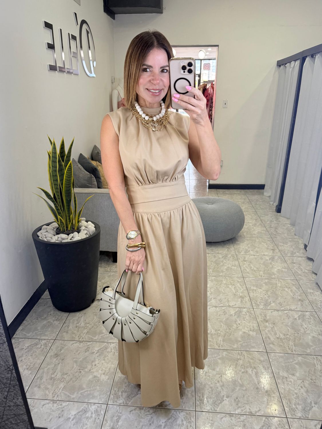 Beige Sleeveless Mock Neck Top And Midi Skirt