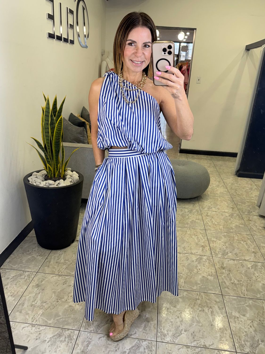 White/blue One Shoulder Top And Midi Skirt Set