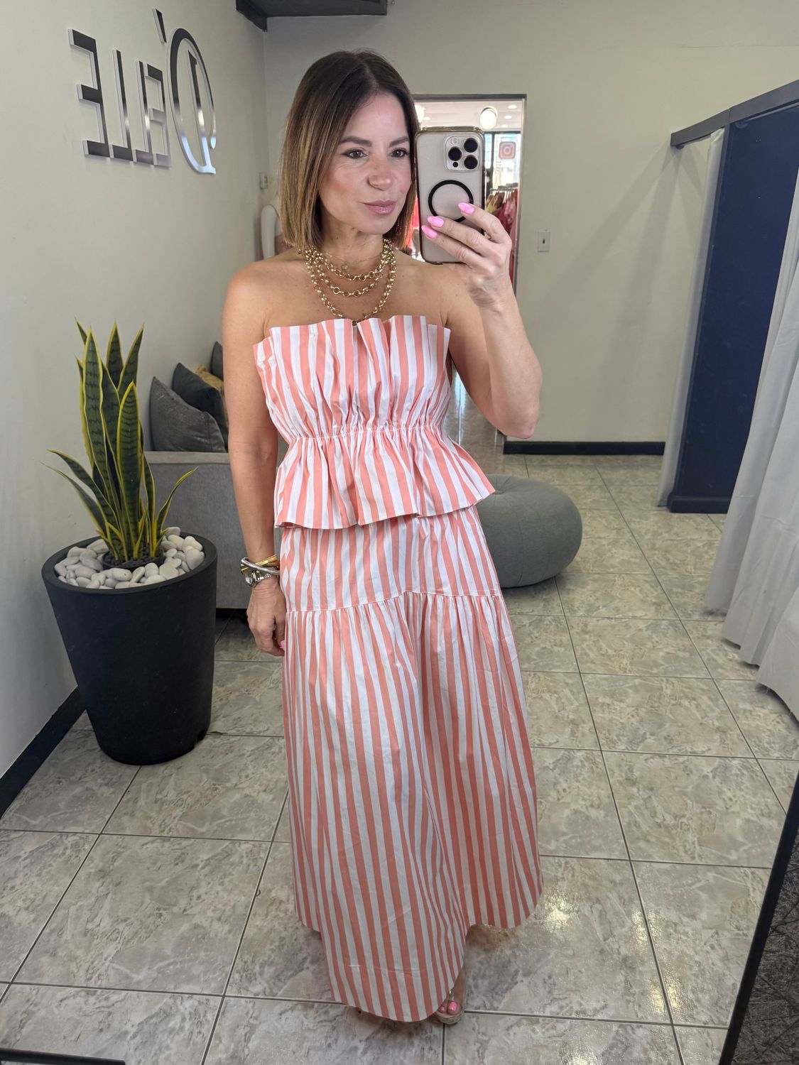 Coral Stripes Skirt Set
