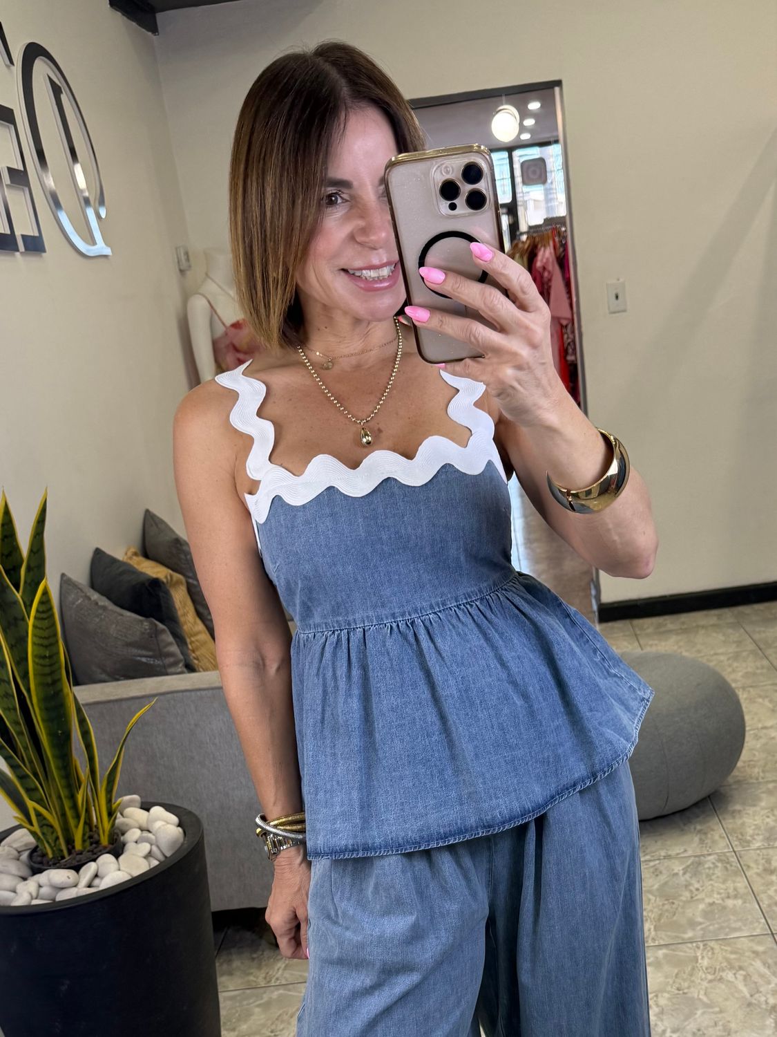 Light Indigo Denim Peplum Top