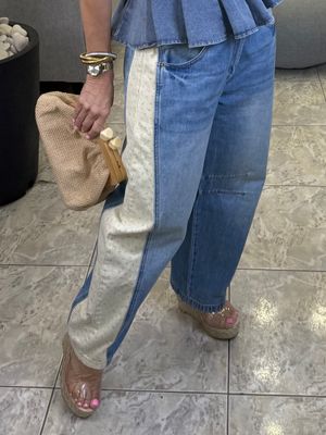 Denim Beige Flower Detail Pant