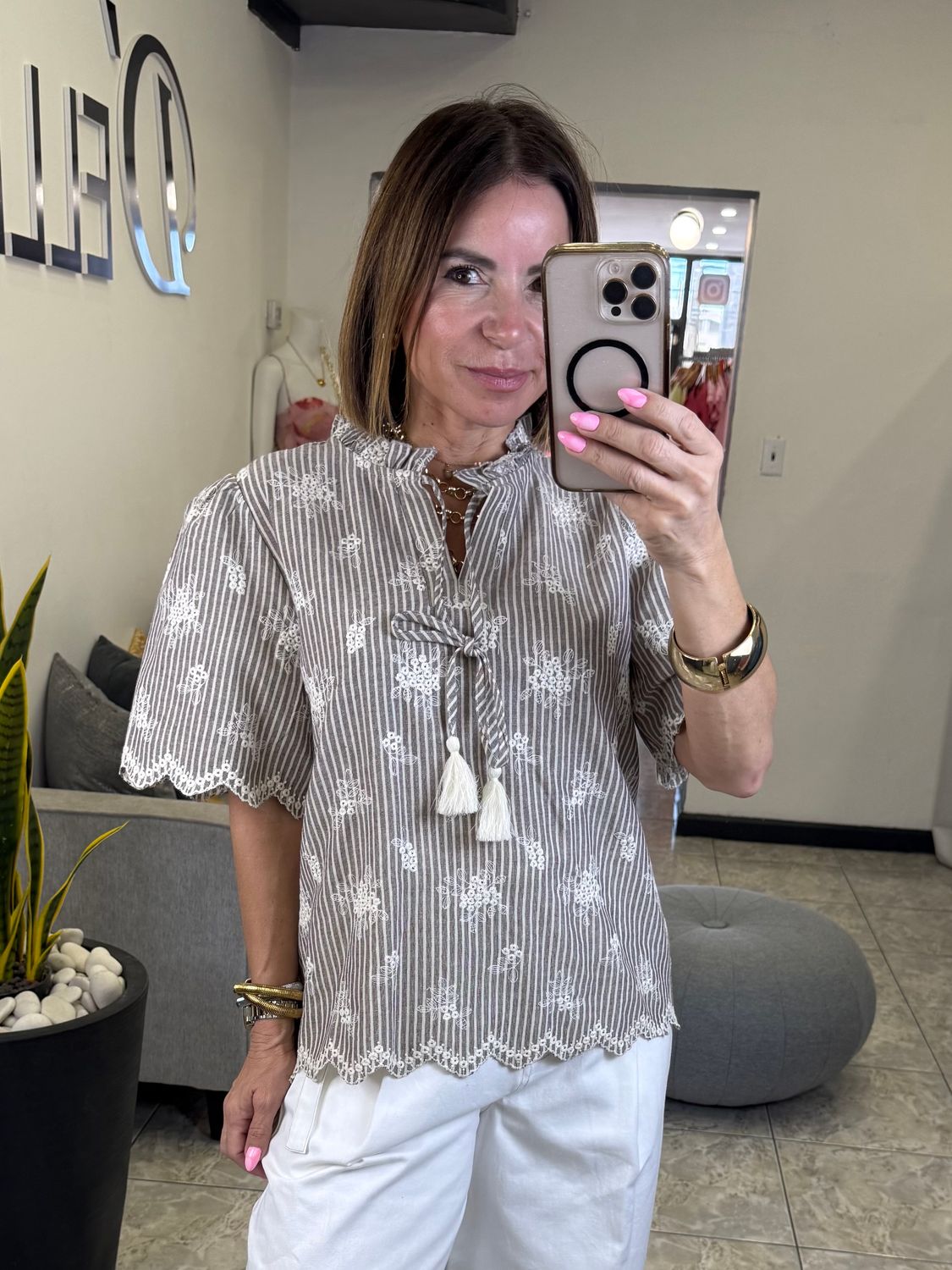 Taupe-Stripe Detail Blouse