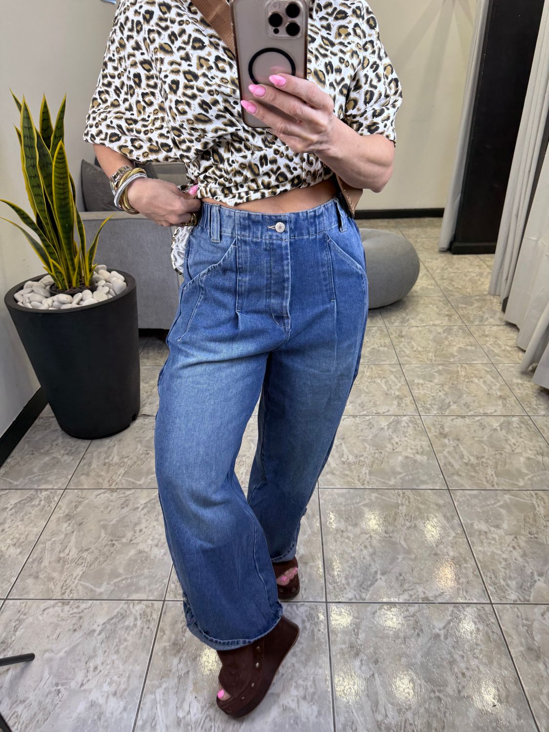 Medium Wash Denim Elastic Waist Barrel Jeans