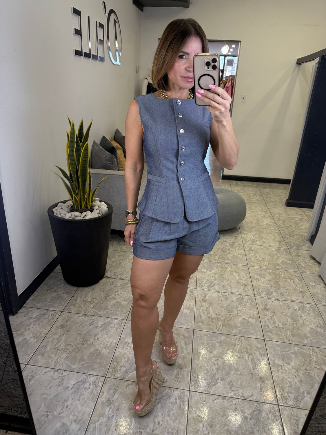 Light Indigo Vest Front Button Down And Shorts Set