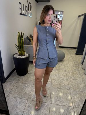 Light Indigo Vest Front Button Down And Shorts Set