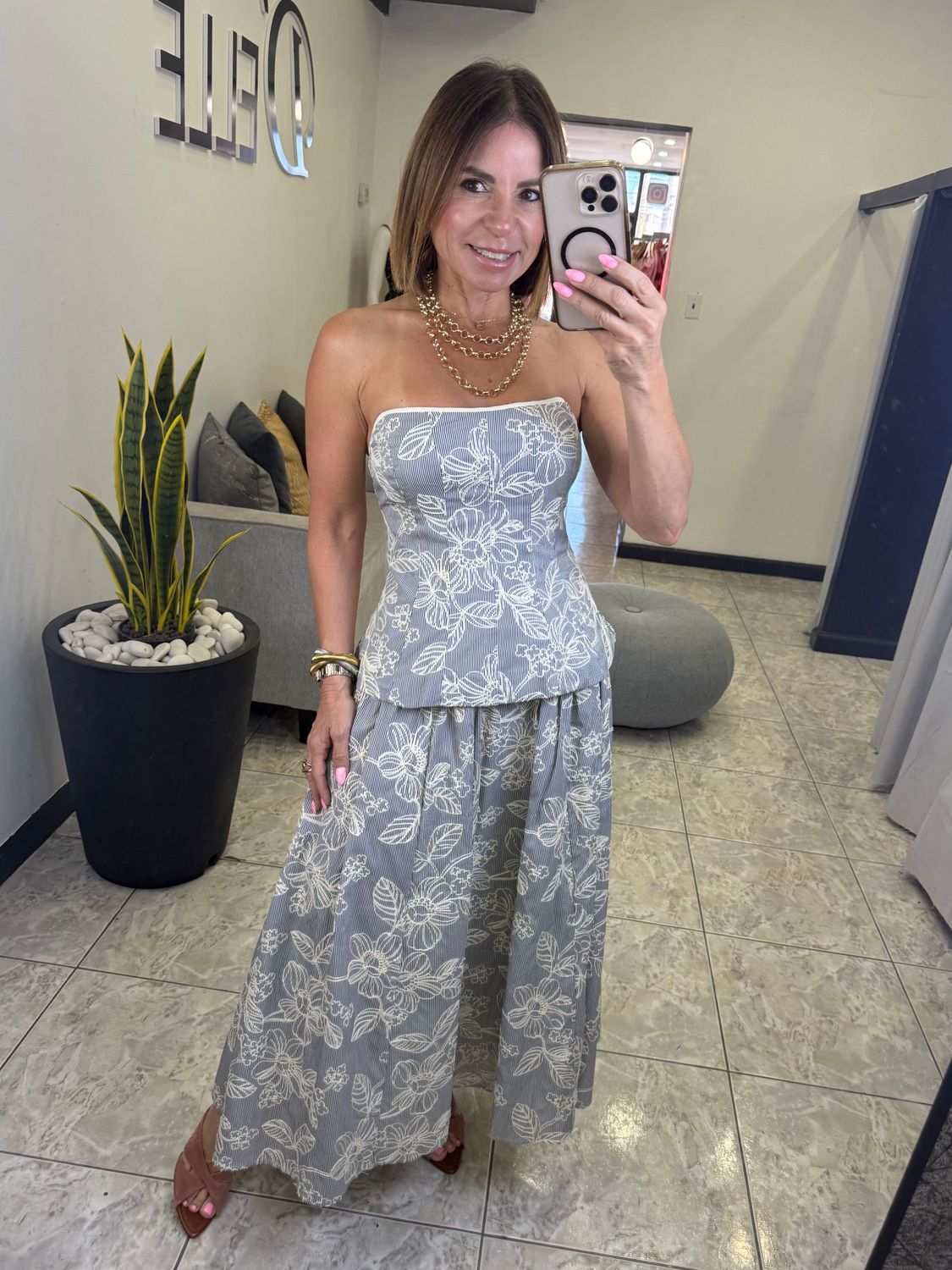 D. Navy Or Blue Striped Embroidered Top And Midi Skirt