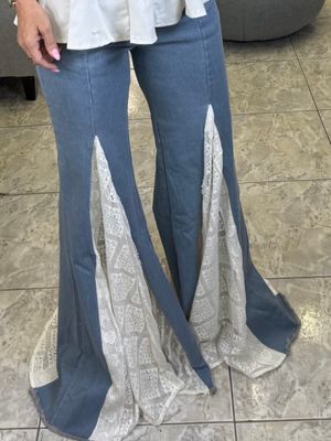 Lt Denim Lace Detail Palazzo Pant
