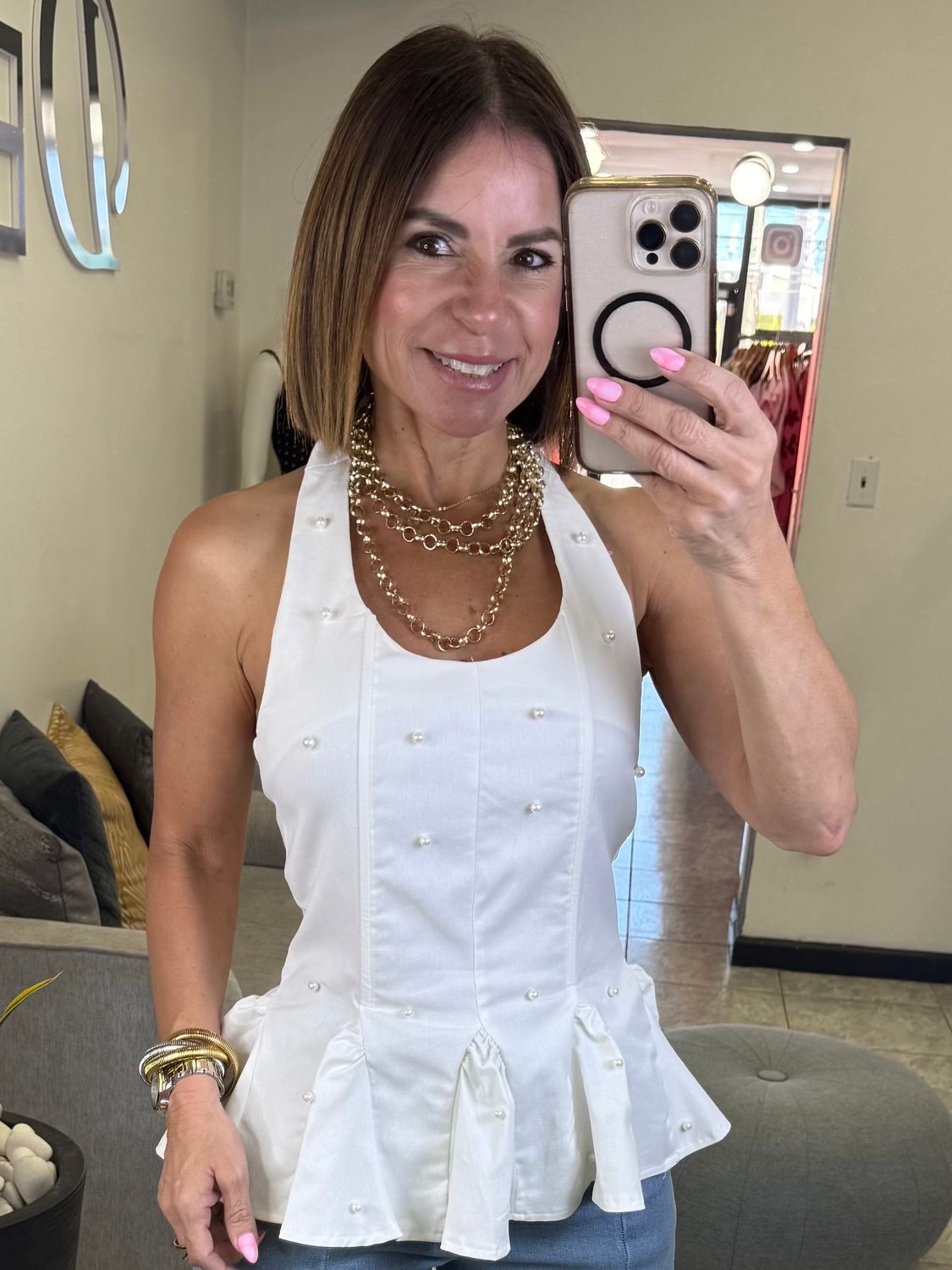 White Pearl Detail Halter Top