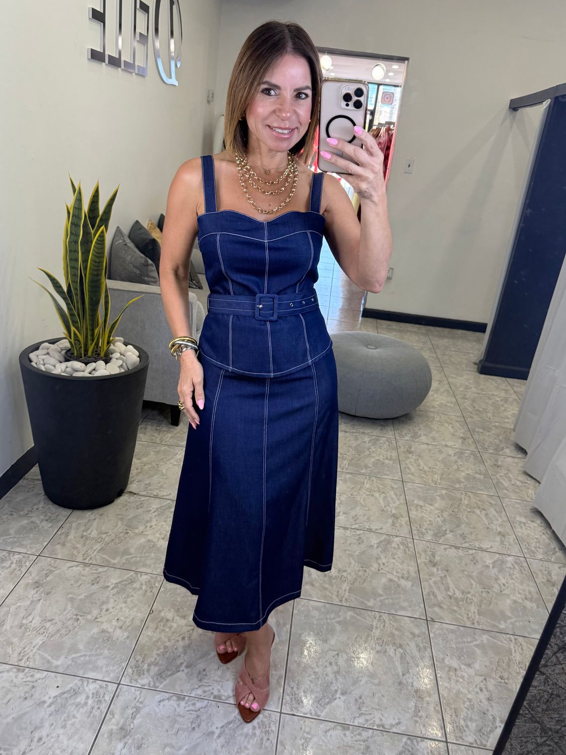 D. Blue Denim Top And Midi Skirt Set