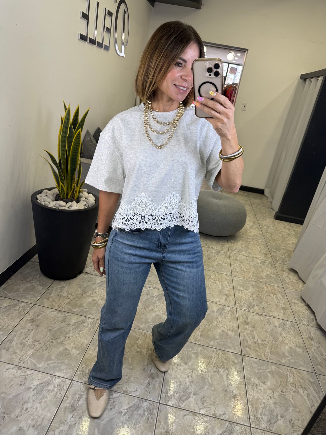 Grey Lace Detail T Shirt Top