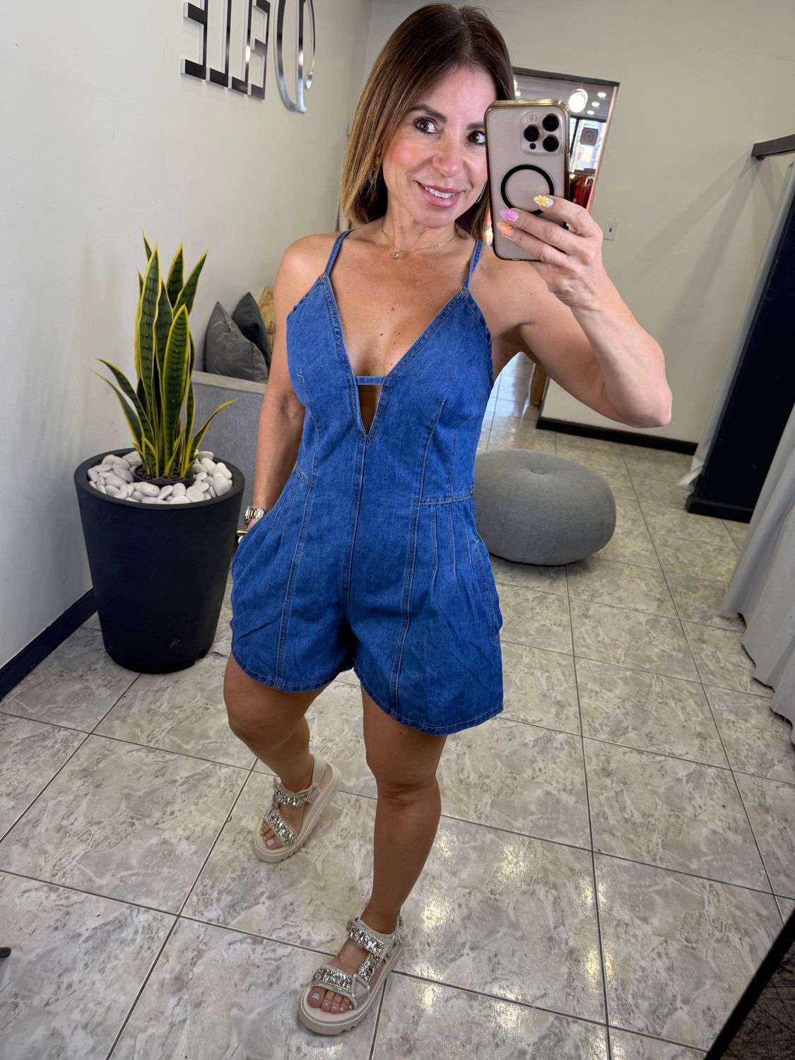 Mid Denim Backless Romper