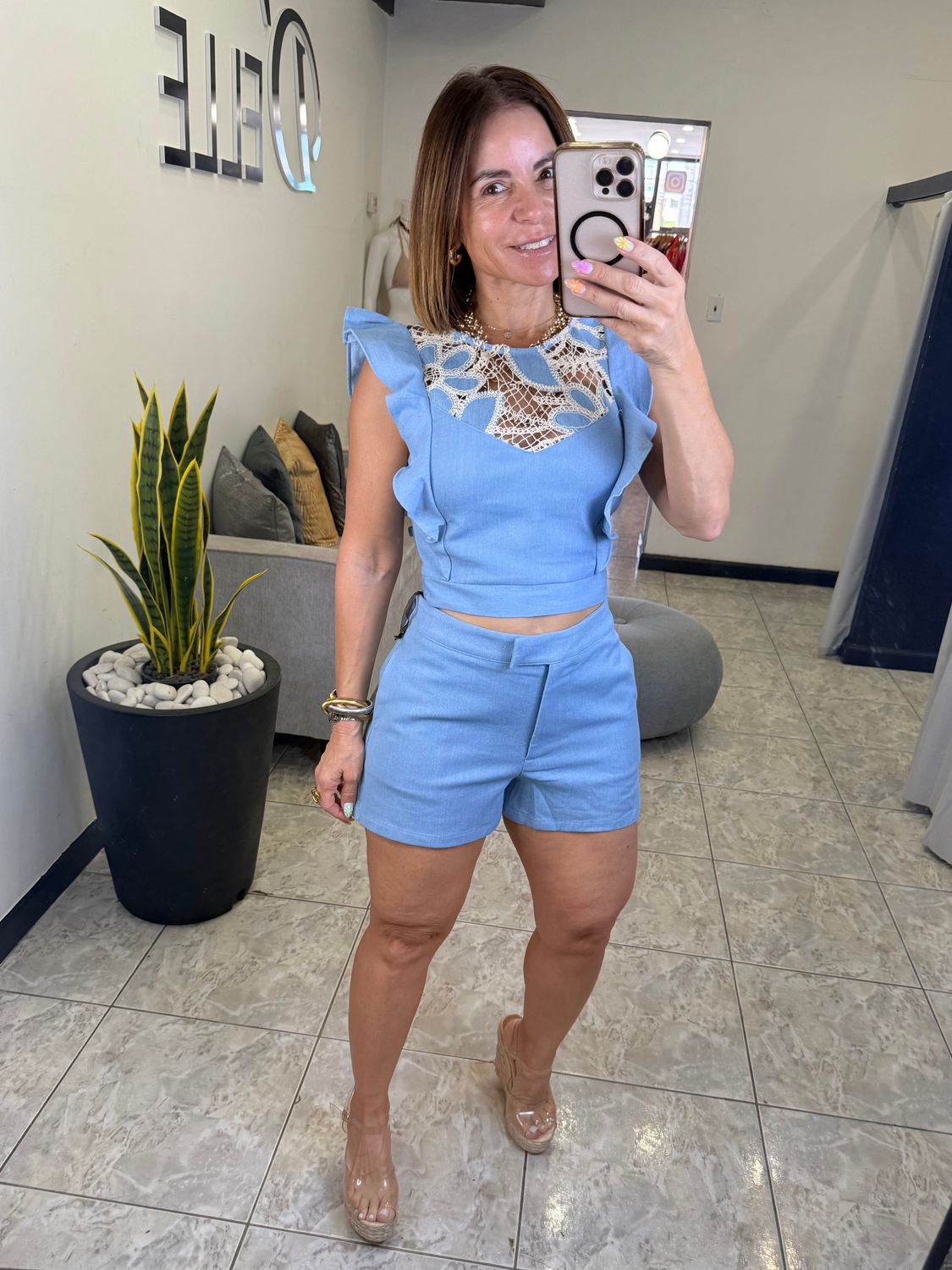 Lt Blue Detail Crochet Short Set