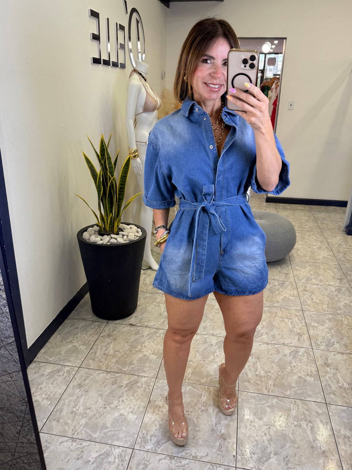 Mid Denim Casual Belted Romper
