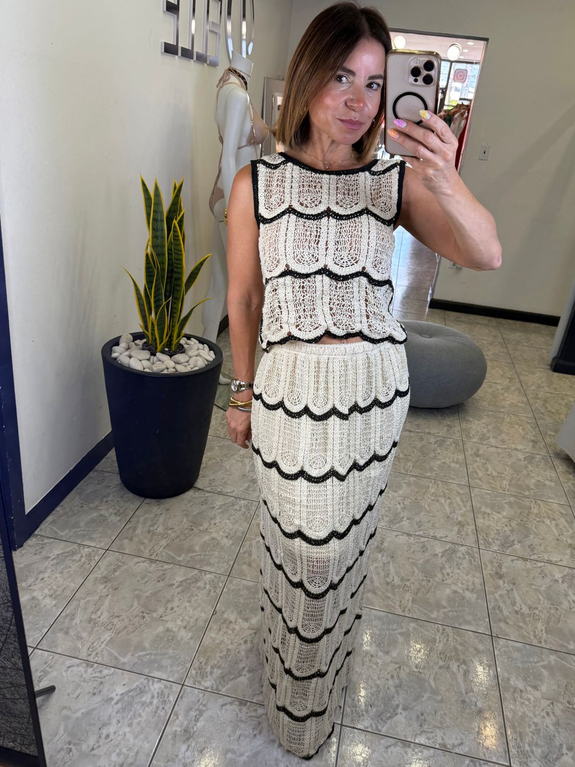 Ivory Black Crochet Skirt Set