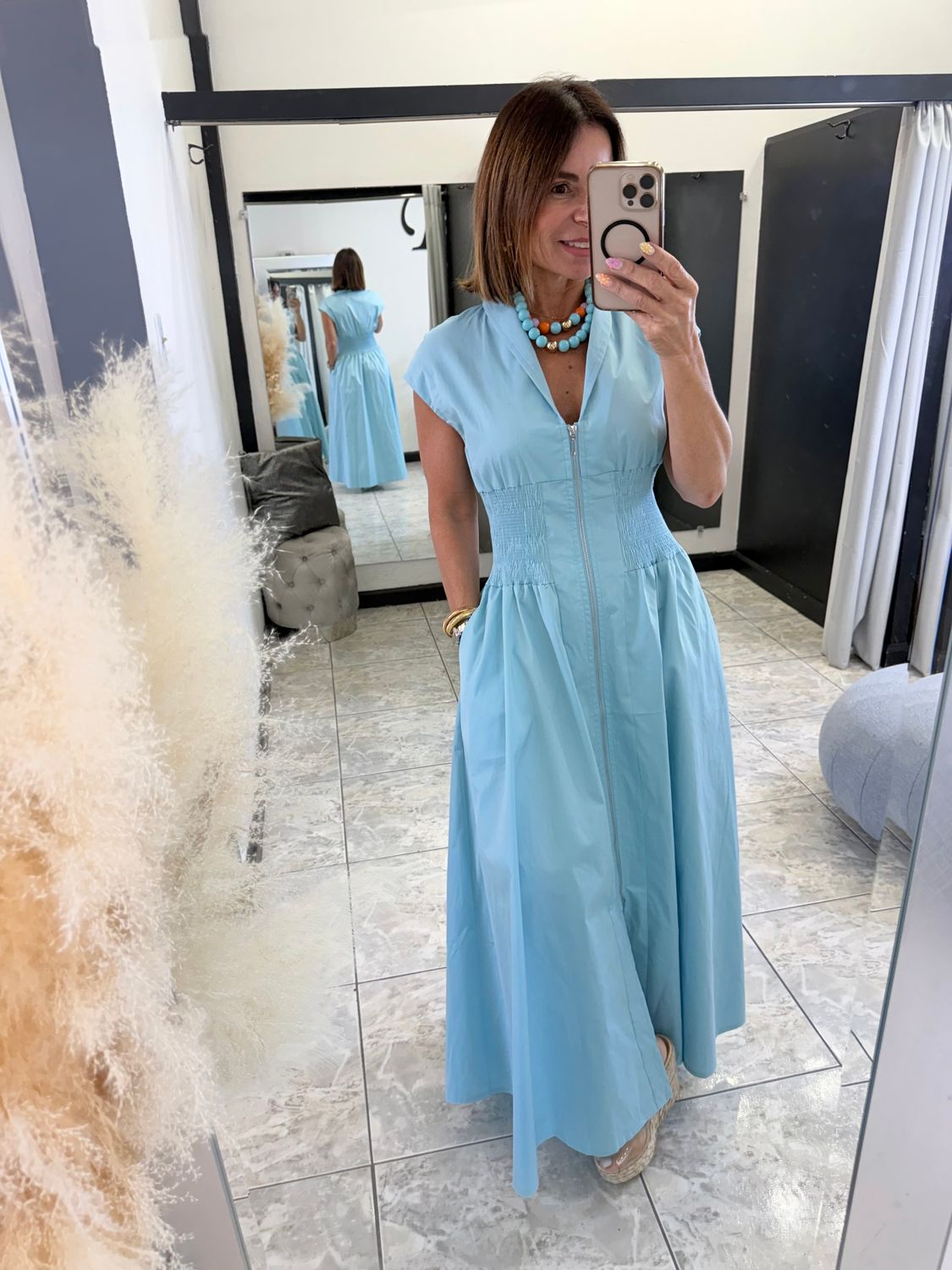 Blue Smoked Waist Band Front Zip Dress