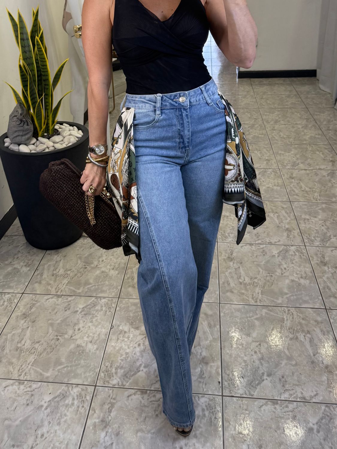 Denim Blue Scarfs Detail Jeans