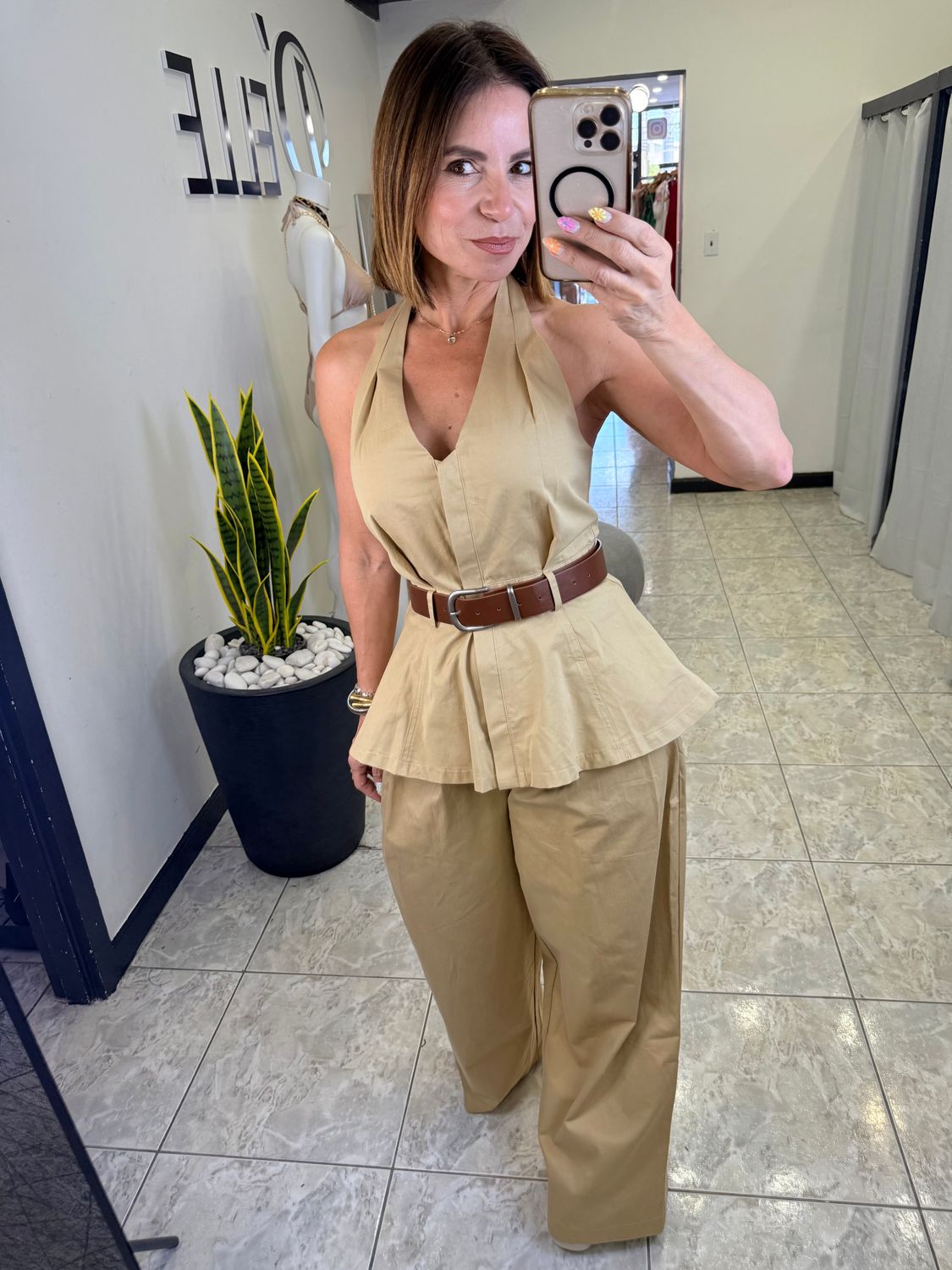 Taupe Halter Top and Wide Leg Pants Set
