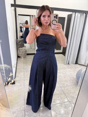Dark Blue Denim Strapless Top And Wide Leg Pants Set