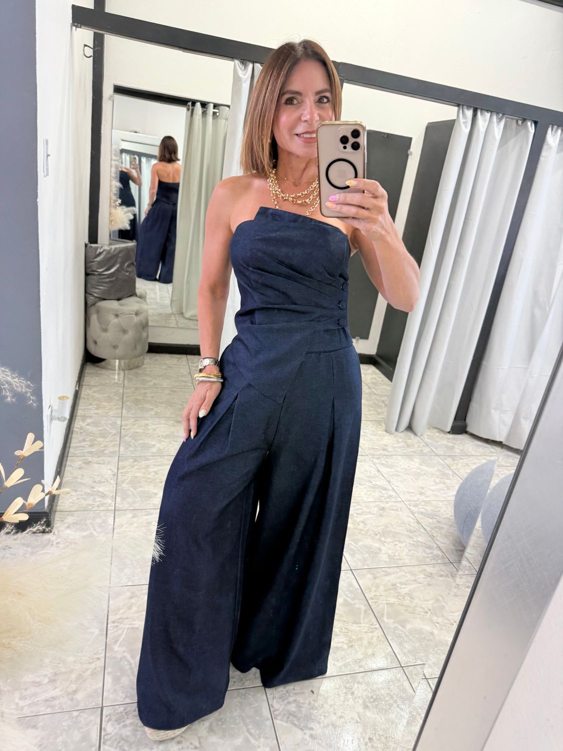 Dark Blue Denim Strapless Top And Wide Leg Pants Set