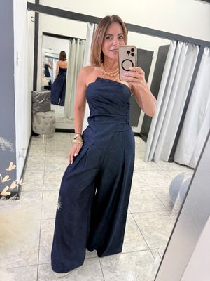 Dark Blue Denim Strapless Top And Wide Leg Pants Set