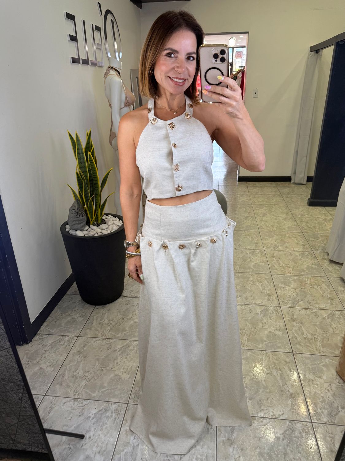 Beige Gold Detail Skirt Set