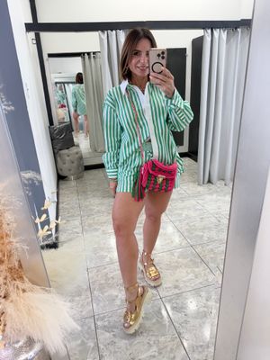 Green And White Long Sleeves And Short Set