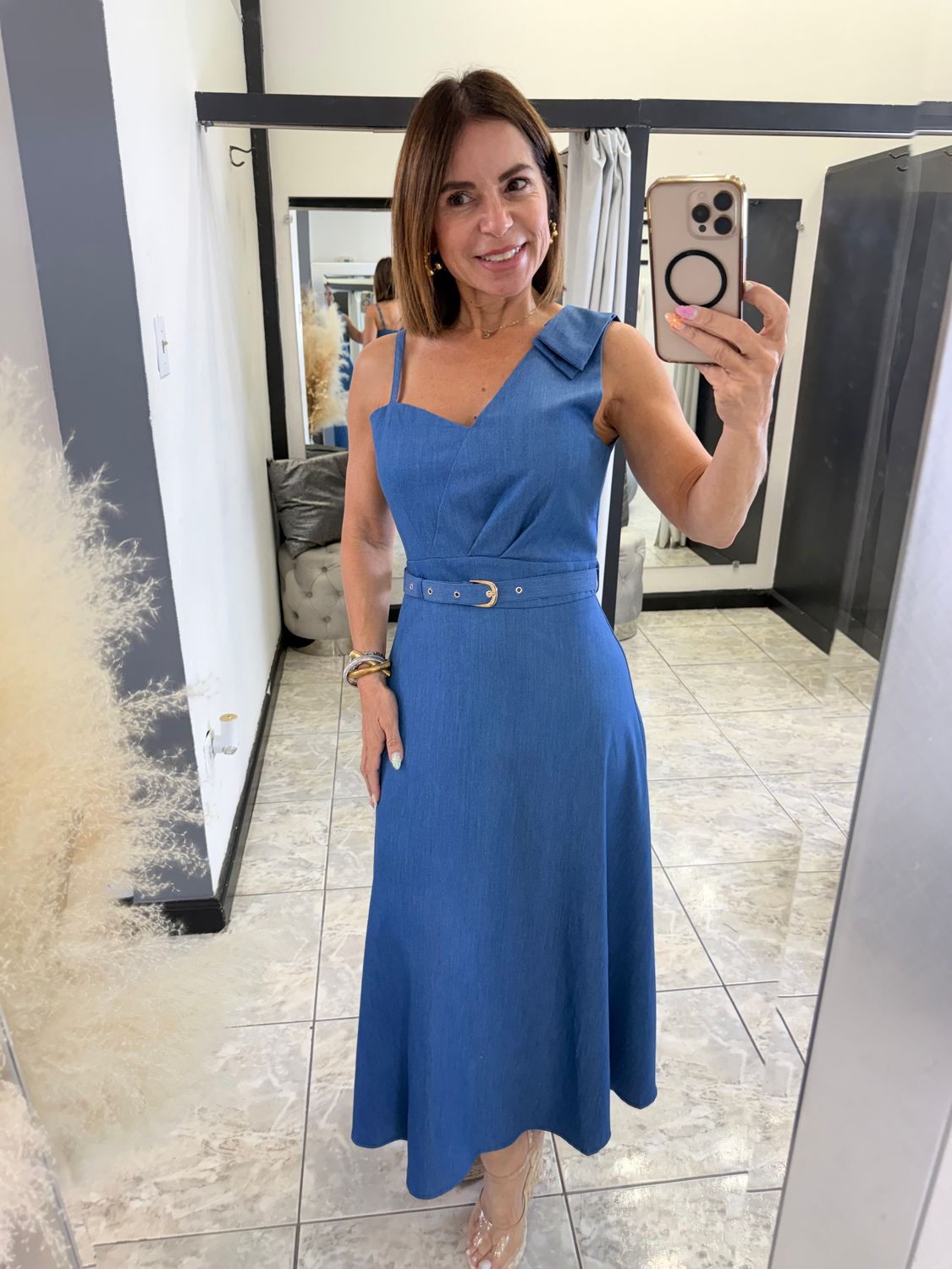Blue Denim Assymetrical One Shoulder Midi Dress