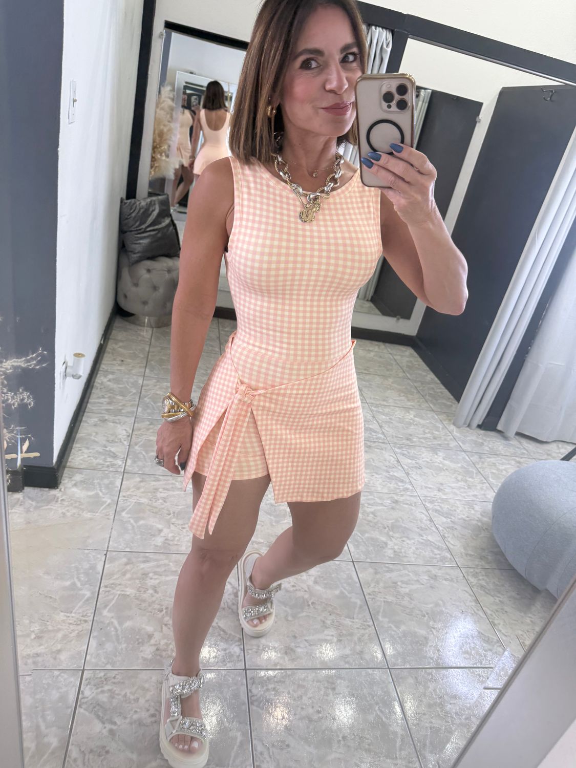 Peach Gingham Print Sporty Romper