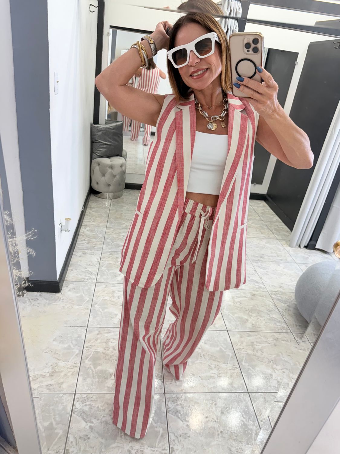 White-Red Stripes Pant Set