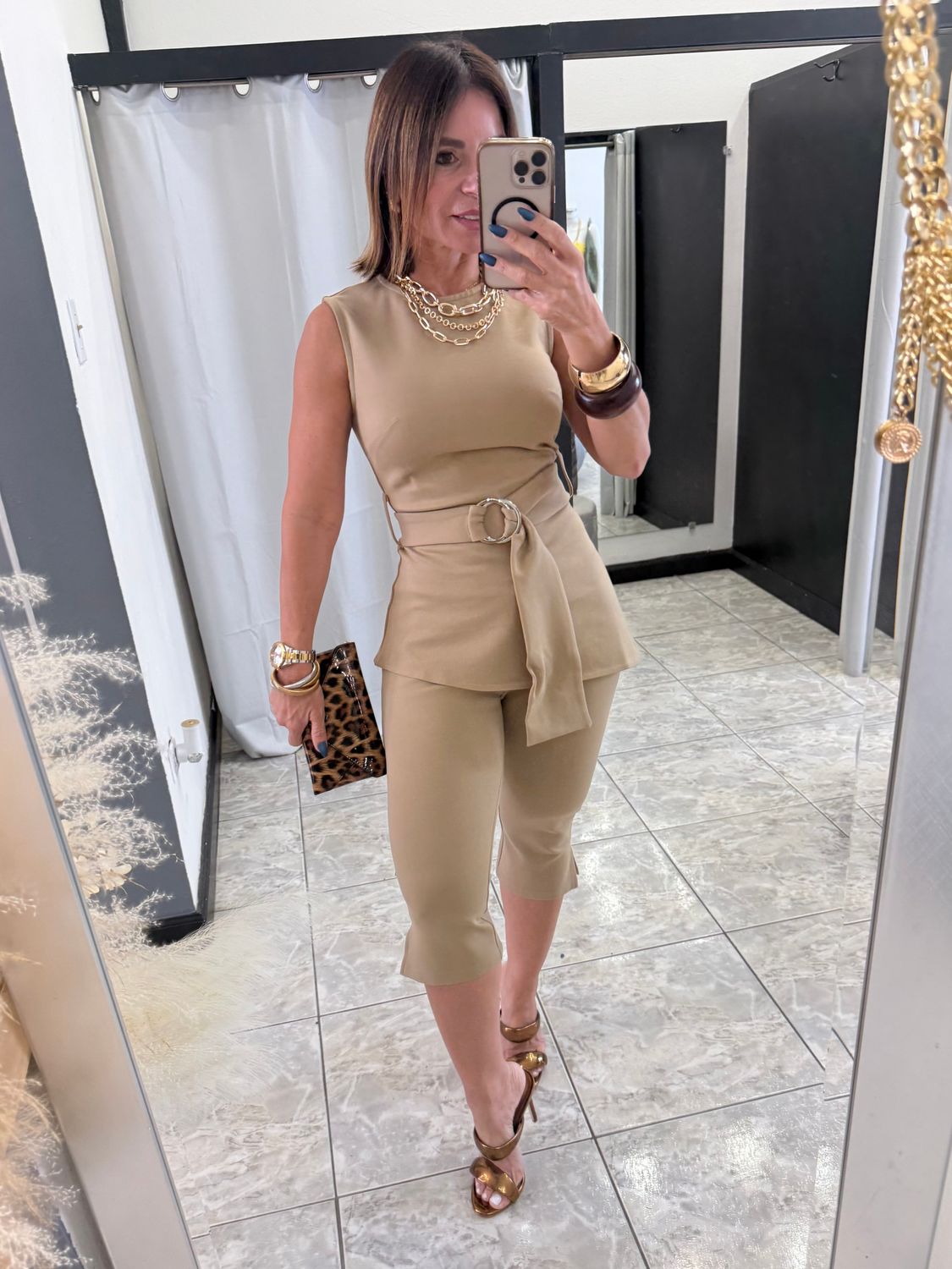 Taupe Belted Tank And Capri Pants Set