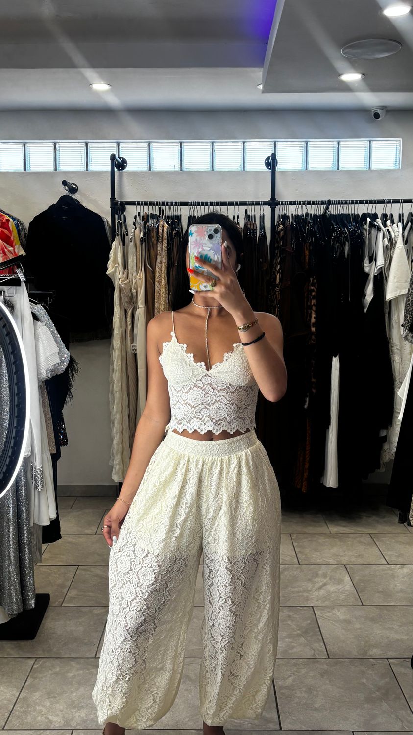 Almond Lace Crop Top And Pants Set