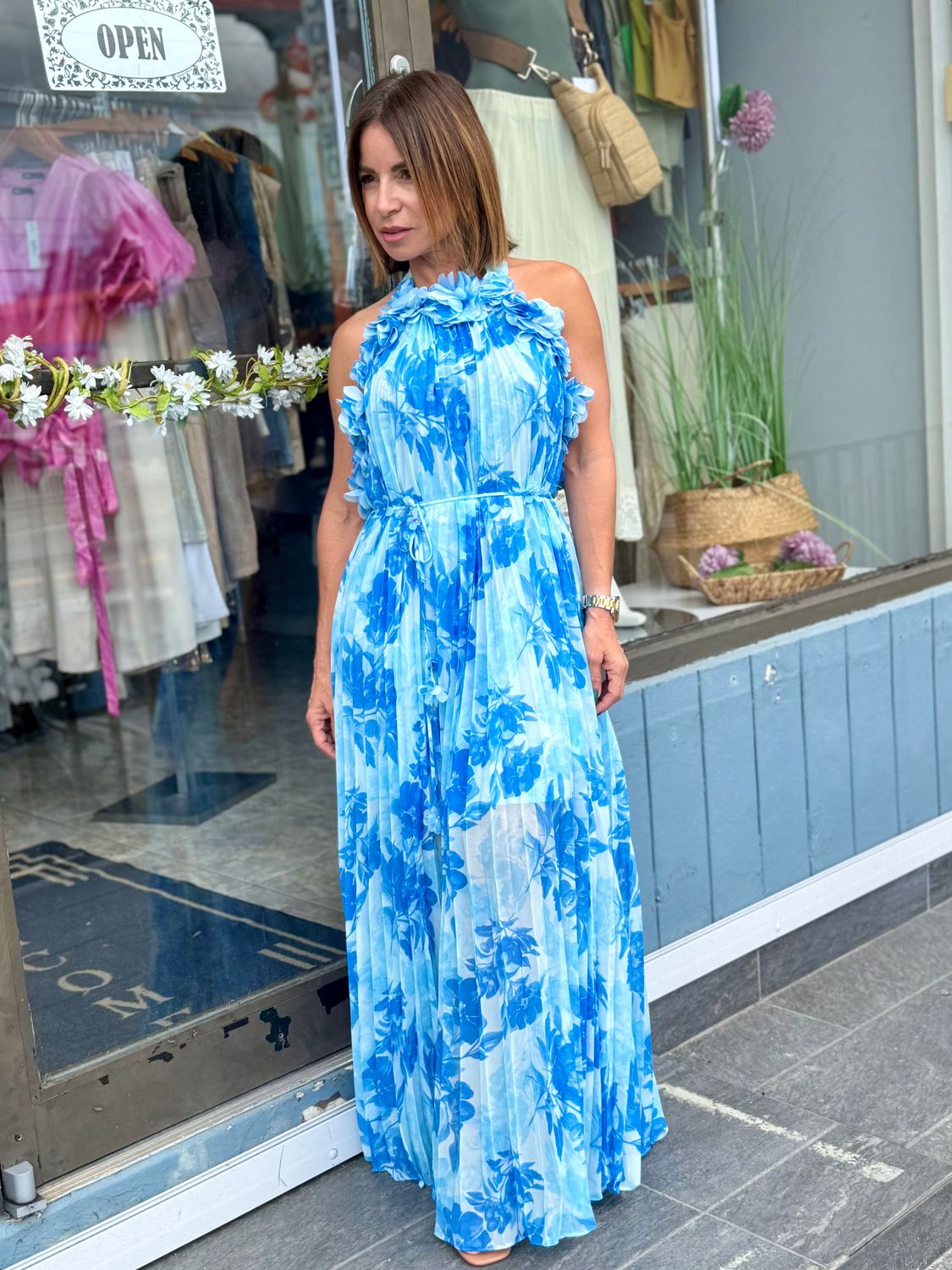 Blue Flowers Pleats Maxi Dress