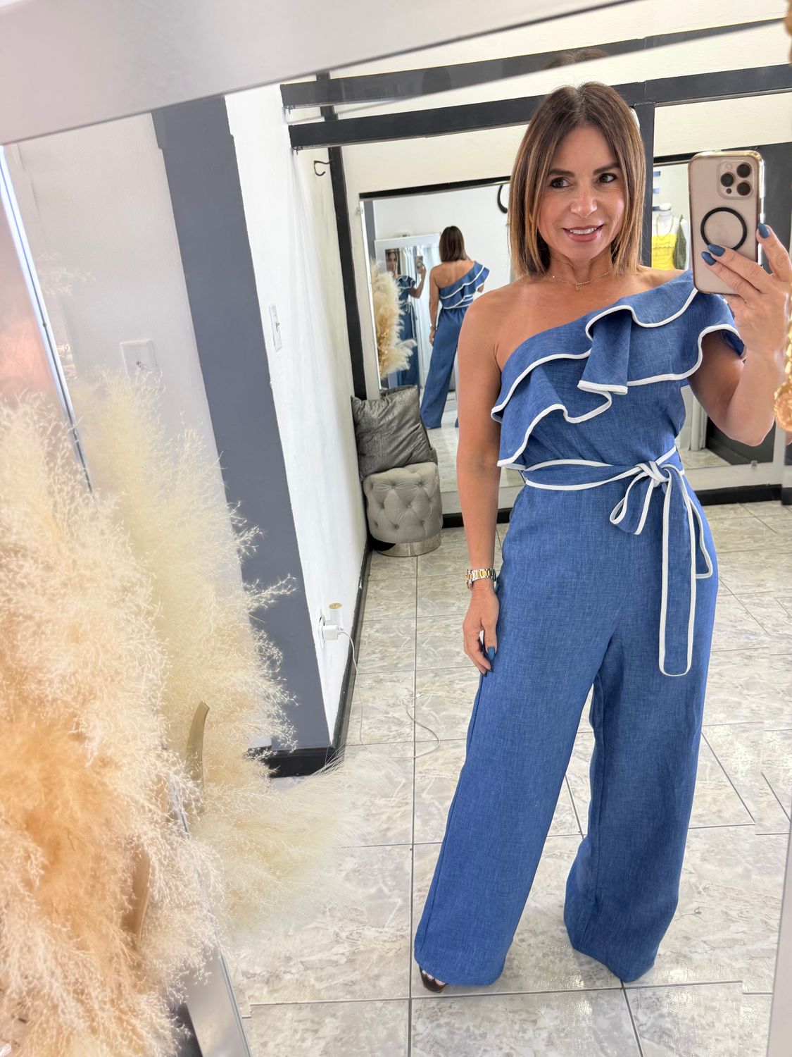Blue Denim Linen One Shoulder Ruffles Jumpsuit