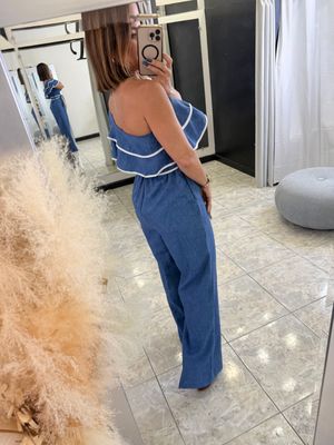 Blue Denim Linen One Shoulder Ruffles Jumpsuit