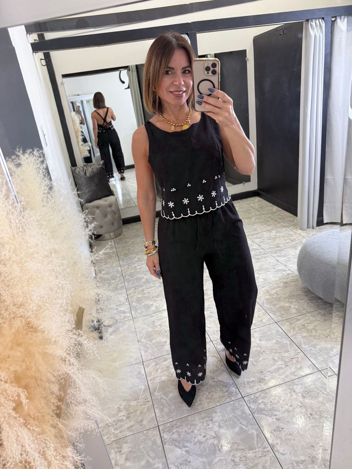 Black White Detail Pant Set