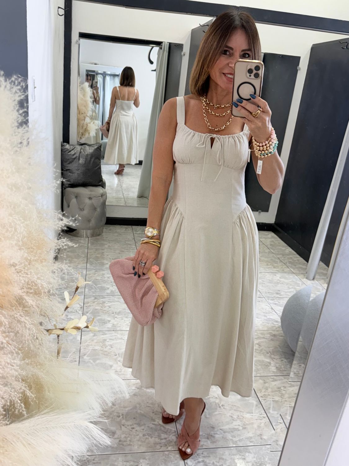 Oatmeal Tie Front Midi Dress