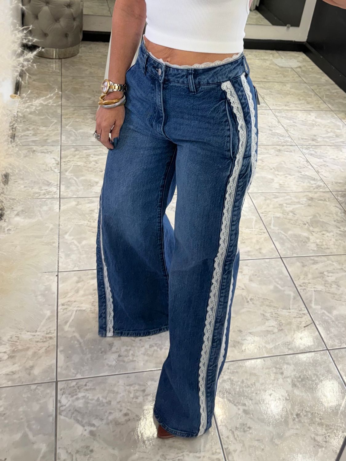 Medium Stone Lace Side Details Jeans