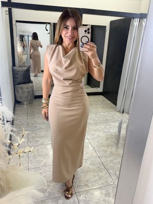 Natural Draped Waist Midi Dress