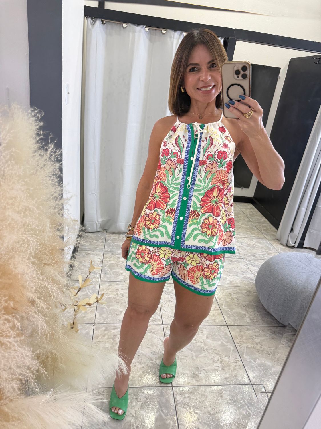 Green-Coral Floral Print Set