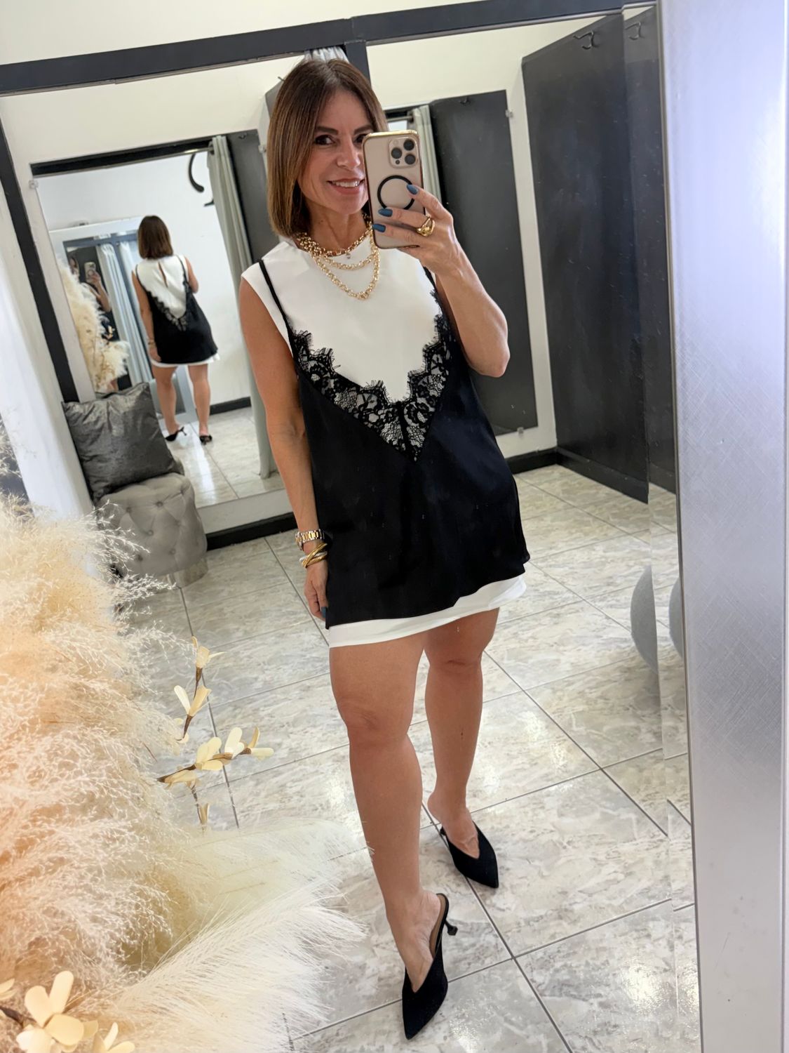 Black/Offwhite Satin Mini Dress