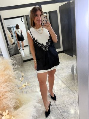 Black/Offwhite Satin Mini Dress
