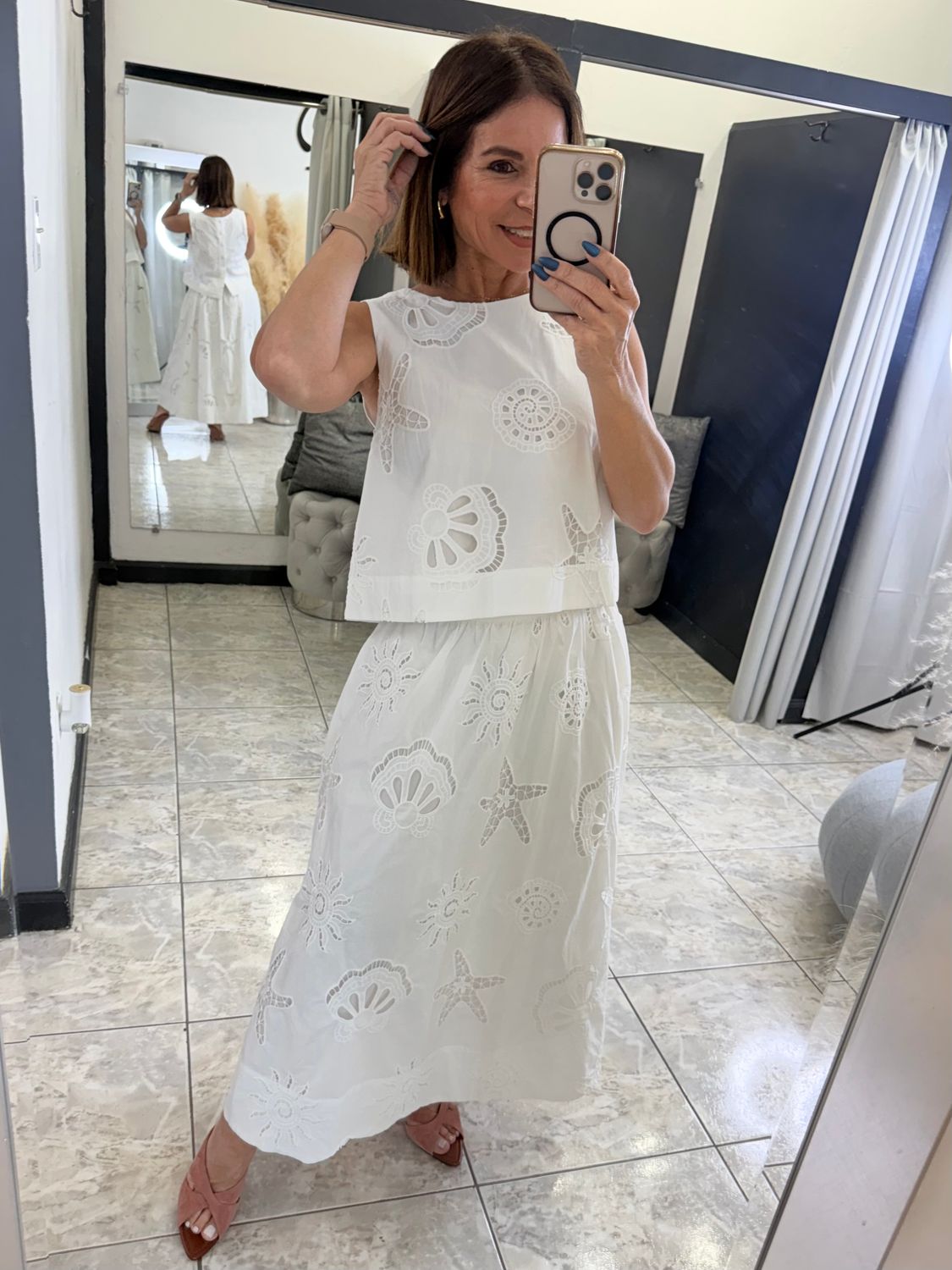 White Eyelet Halter Top And Midi Skirt Set