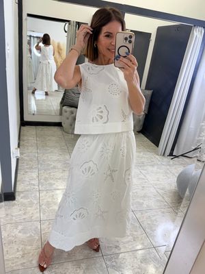 White Eyelet Halter Top And Midi Skirt Set