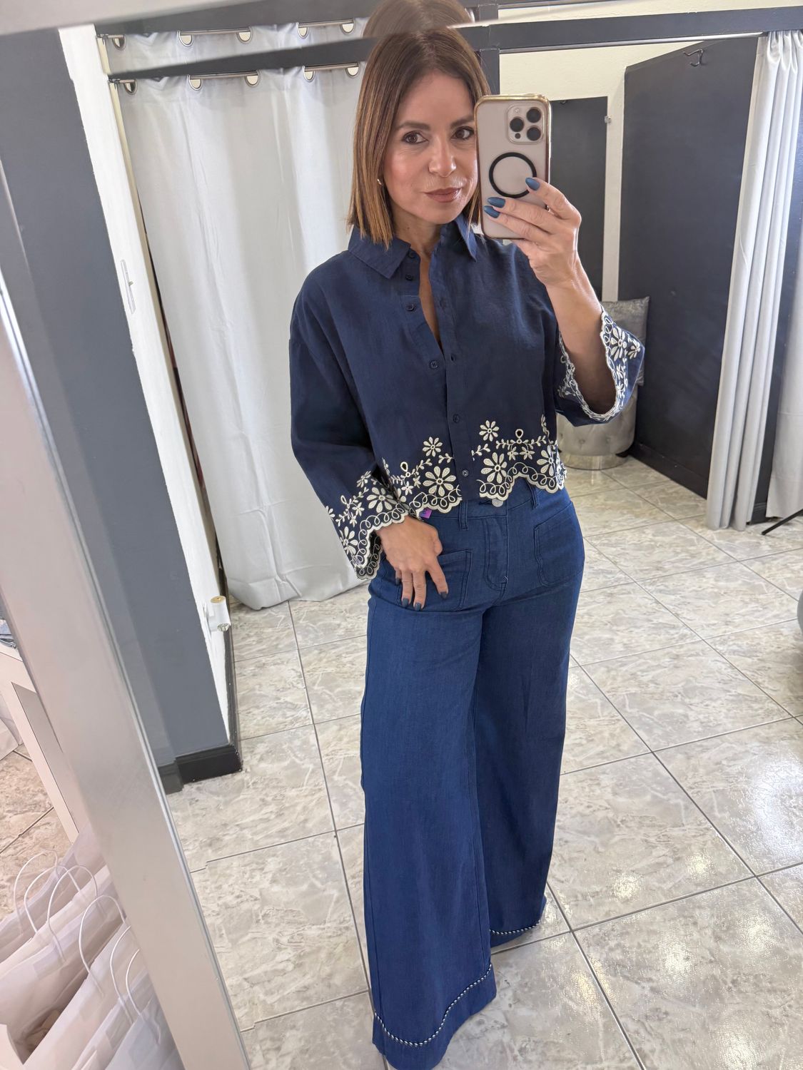 Navy Cream Flower Detail Top