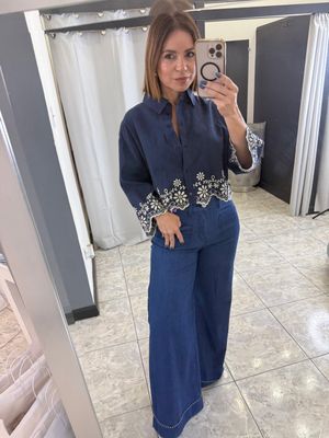Navy Cream Flower Detail Top