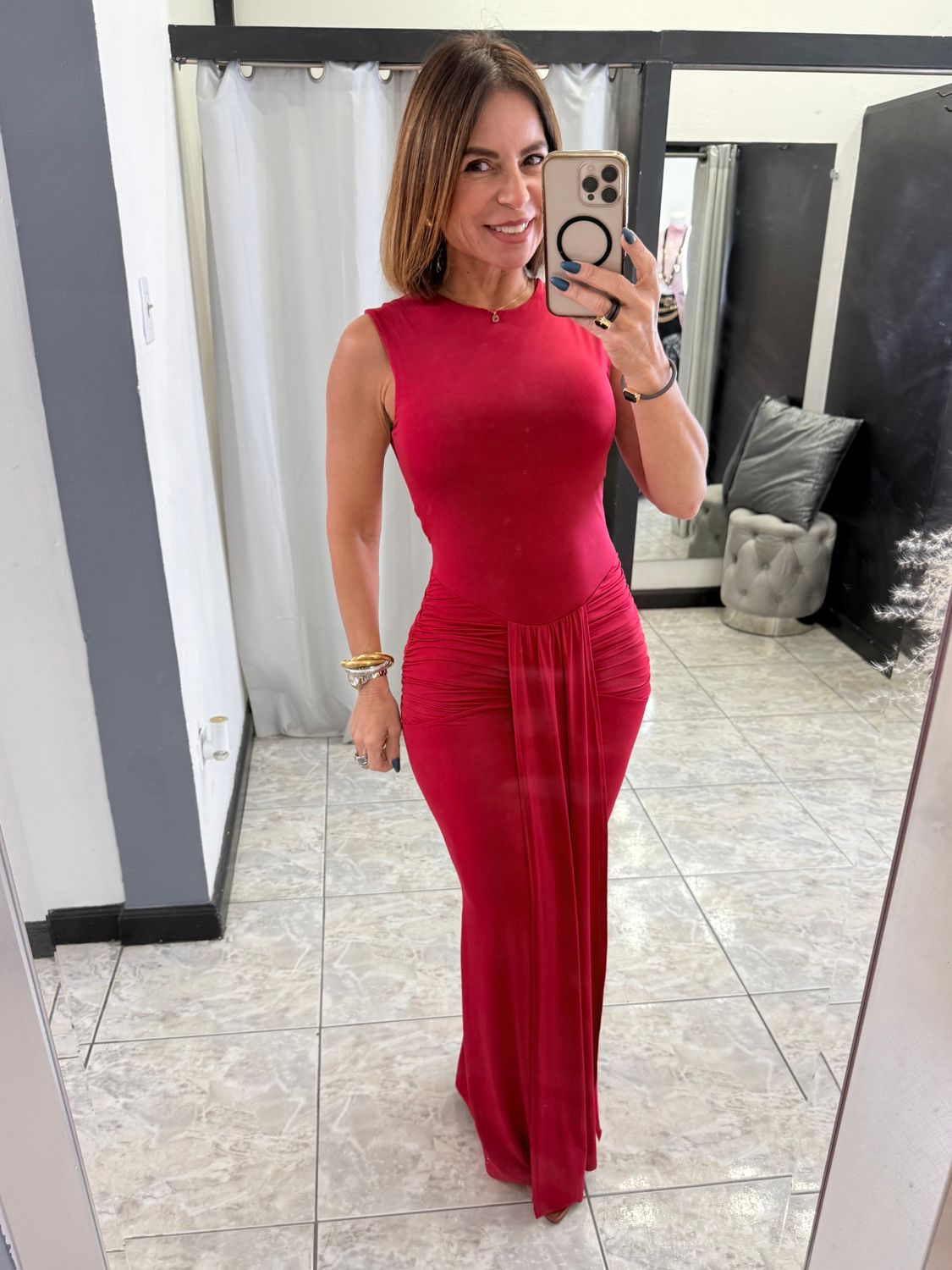 Red Draped Hips Maxi Dress