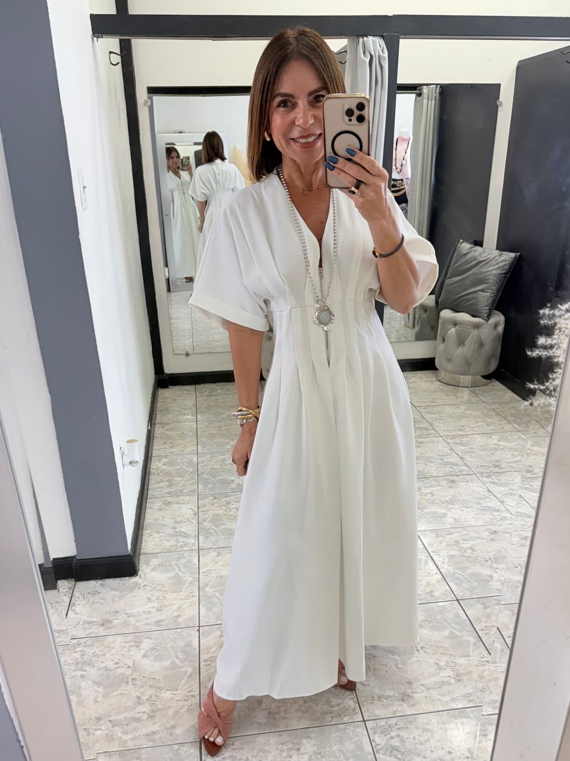 Ivory Front Zip Pleats At Waist Flare Stretch Shirt Dress