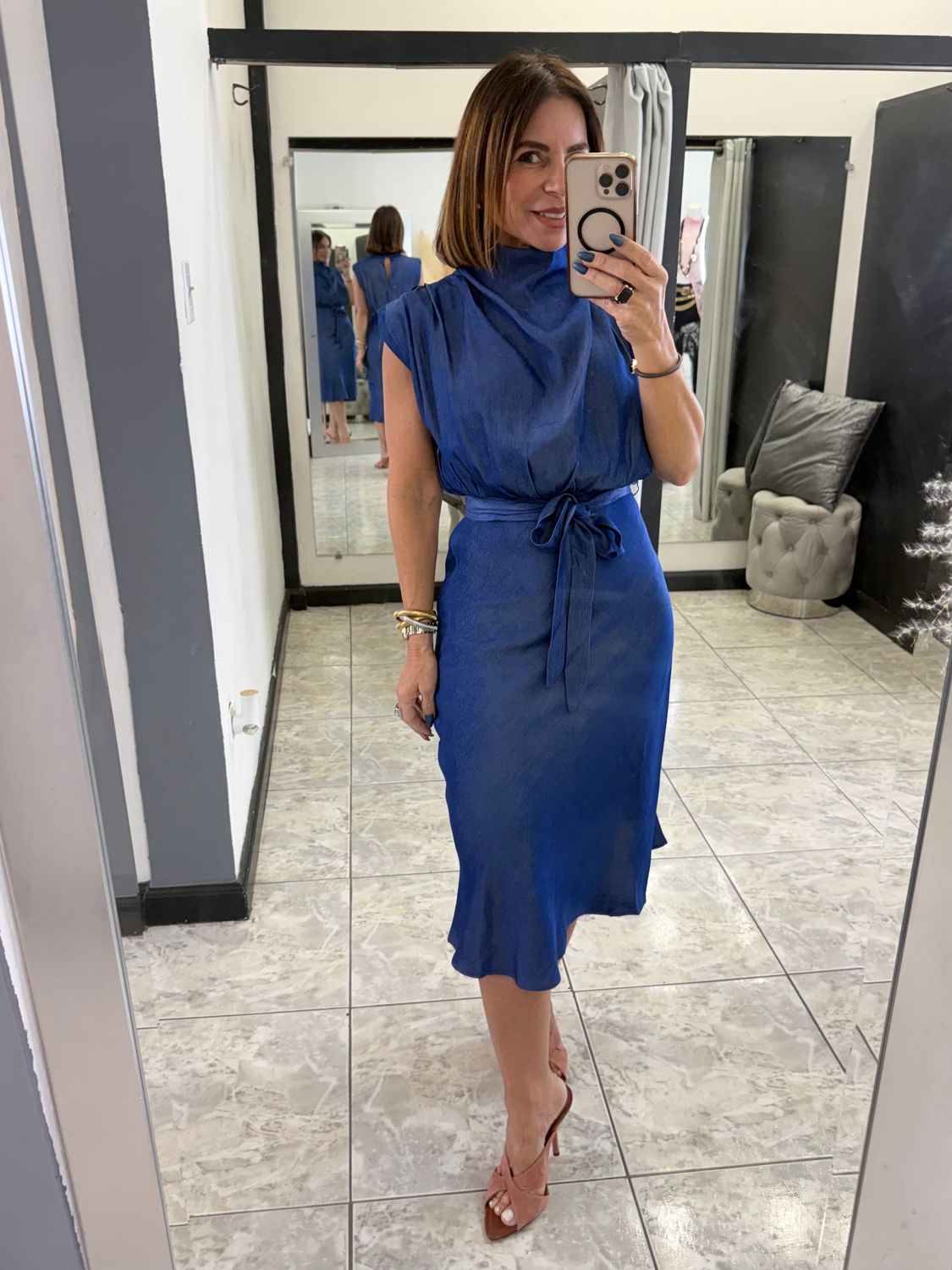 Indigo Cowl Neck Midi Dress