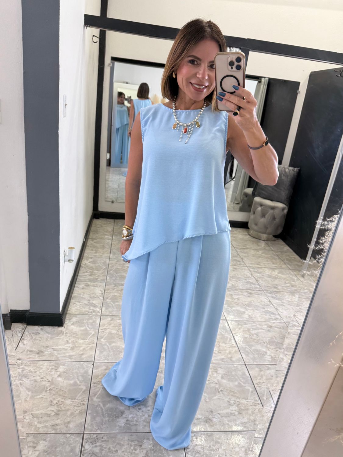 Baby Blue Or Black Asymmetric Top And Wide Leg Pants Set